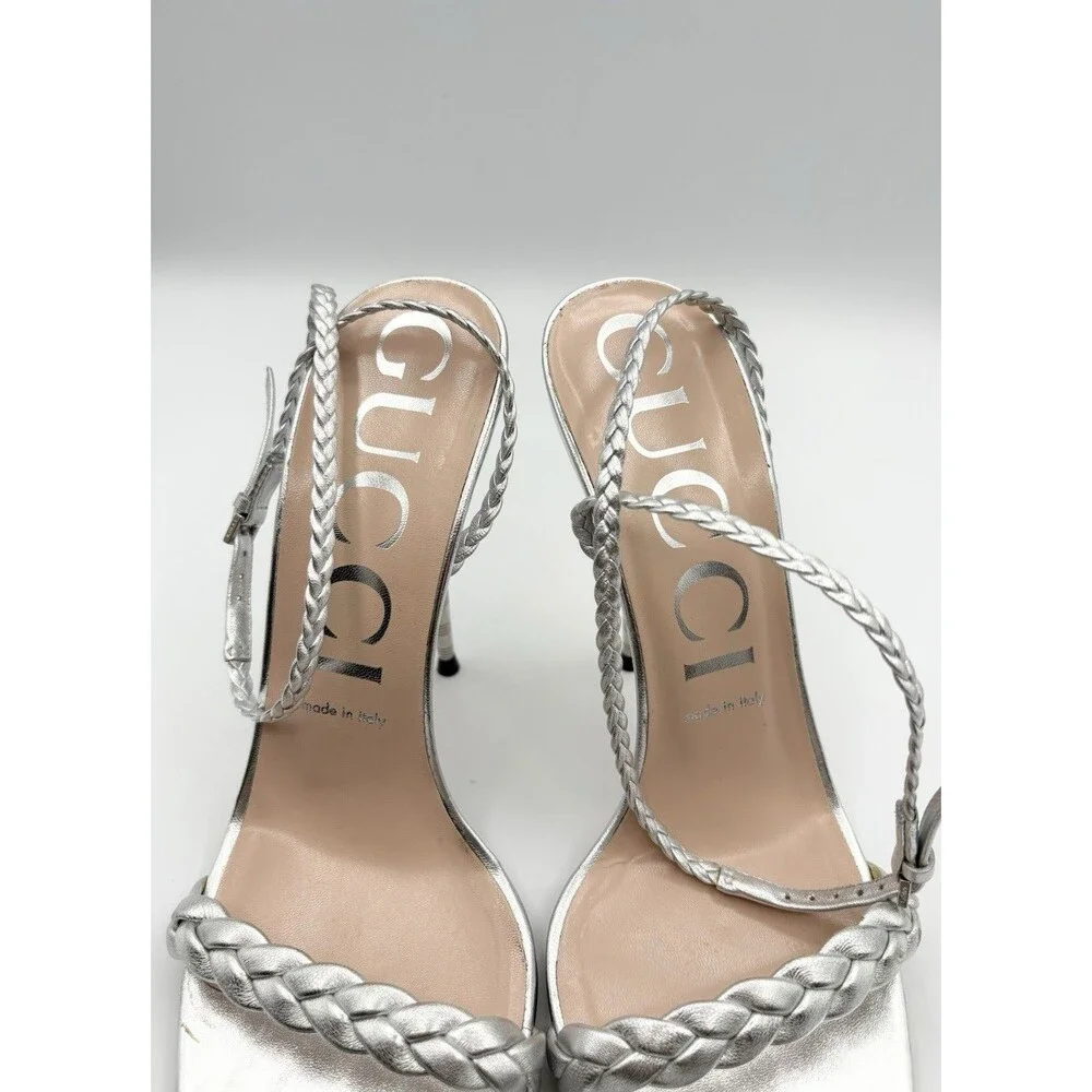 Gucci Silver Braided Strap Nappa Leather Stiletto Heels Sandals SZ EU 39 - Picture 10 of 15